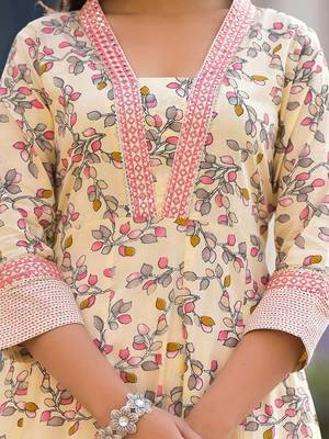 Floral Printed Pure Cotton Empire Anarkali Kurta With Trouser & Dupatta 2