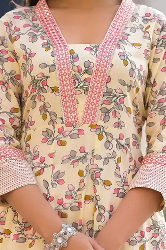 Floral Printed Pure Cotton Empire Anarkali Kurta With Trouser & Dupatta
