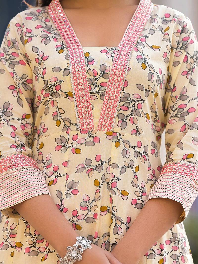 Floral Printed Pure Cotton Empire Anarkali Kurta With Trouser & Dupatta