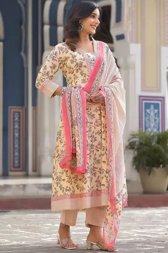 Floral Printed Pure Cotton Empire Anarkali Kurta With Trouser & Dupatta