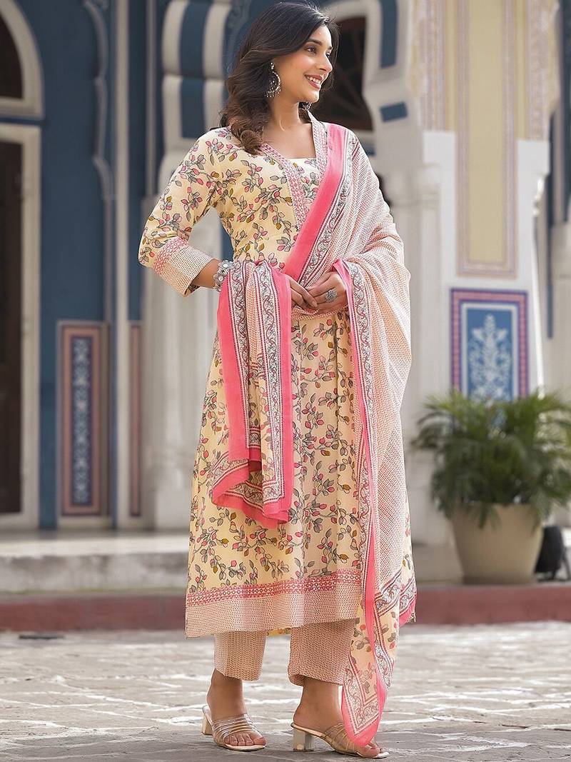 Floral Printed Pure Cotton Empire Anarkali Kurta With Trouser & Dupatta