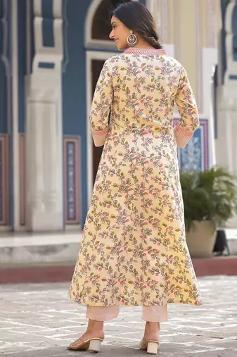 Floral Printed Pure Cotton Empire Anarkali Kurta With Trouser & Dupatta