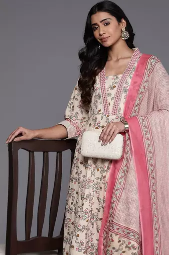 Floral Printed Mirror Work Pure Cotton Kurta with Trousers & Dupatta