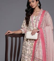 Floral Printed Mirror Work Pure Cotton Kurta with Trousers & Dupatta