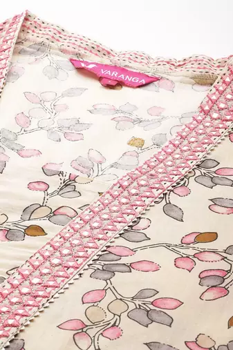 Floral Printed Mirror Work Pure Cotton Kurta with Trousers & Dupatta