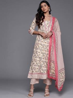 Floral Printed Mirror Work Pure Cotton Kurta with Trousers & Dupatta 1