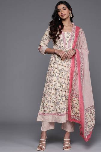 Floral Printed Mirror Work Pure Cotton Kurta with Trousers & Dupatta