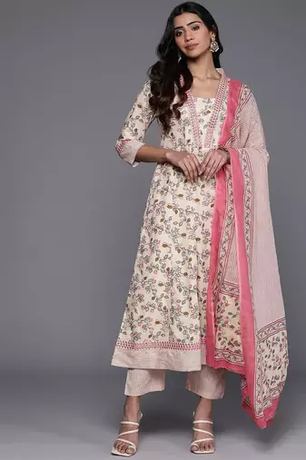Floral Printed Mirror Work Pure Cotton Kurta with Trousers & Dupatta