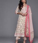 Floral Printed Mirror Work Pure Cotton Kurta with Trousers & Dupatta