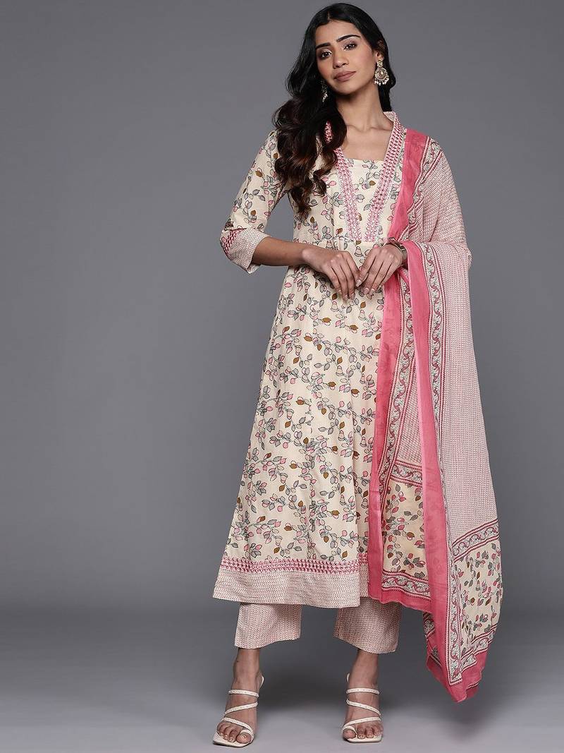 Floral Printed Mirror Work Pure Cotton Kurta with Trousers & Dupatta