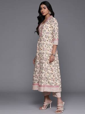Floral Printed Mirror Work Pure Cotton Kurta with Trousers & Dupatta 5