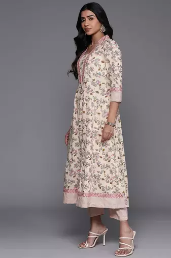 Floral Printed Mirror Work Pure Cotton Kurta with Trousers & Dupatta