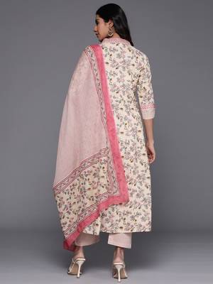 Floral Printed Mirror Work Pure Cotton Kurta with Trousers & Dupatta 6