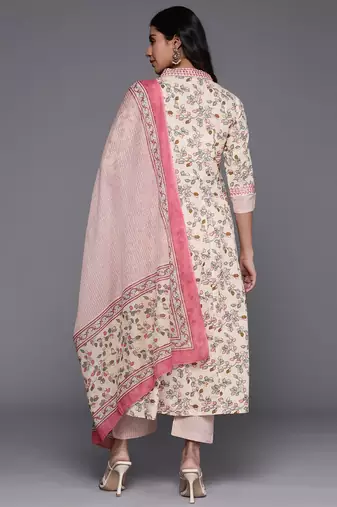 Floral Printed Mirror Work Pure Cotton Kurta with Trousers & Dupatta