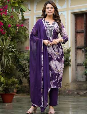 Floral Printed Sequin & Pearl Embroidered Straight Kurta With Trouser & Dupatta 1