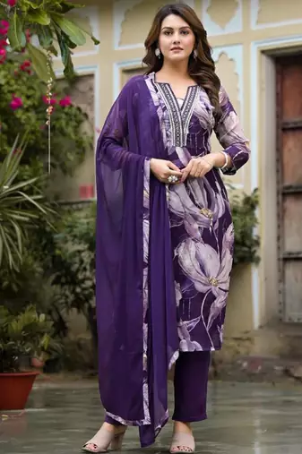 Floral Printed Sequin & Pearl Embroidered Straight Kurta With Trouser & Dupatta