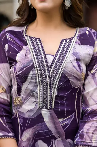 Floral Printed Sequin & Pearl Embroidered Straight Kurta With Trouser & Dupatta