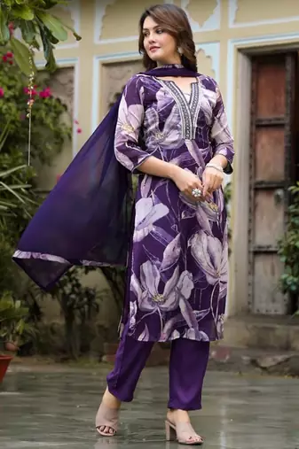 Floral Printed Sequin & Pearl Embroidered Straight Kurta With Trouser & Dupatta