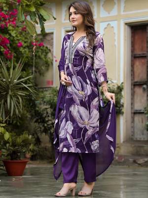Floral Printed Sequin & Pearl Embroidered Straight Kurta With Trouser & Dupatta 4
