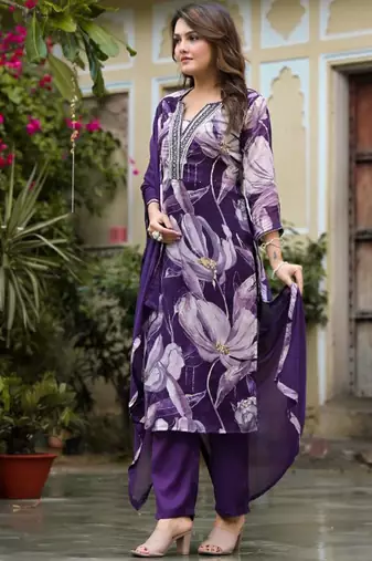 Floral Printed Sequin & Pearl Embroidered Straight Kurta With Trouser & Dupatta