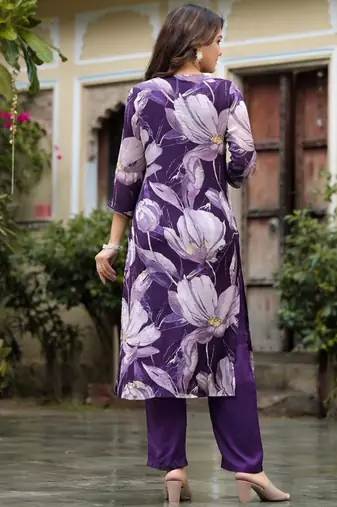 Floral Printed Sequin & Pearl Embroidered Straight Kurta With Trouser & Dupatta