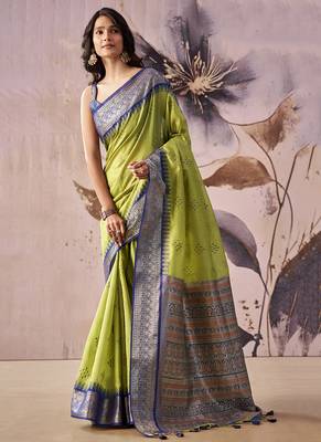 Parrot green tusser silk festival wear saree 1