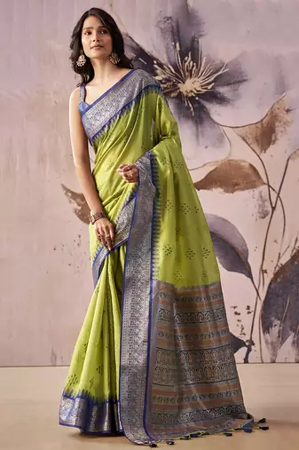 Parrot green tusser silk festival wear saree
