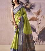 Parrot green tusser silk festival wear saree