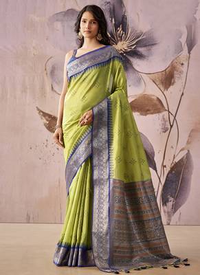 Parrot green tusser silk festival wear saree 2