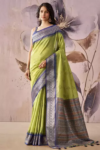 Parrot green tusser silk festival wear saree