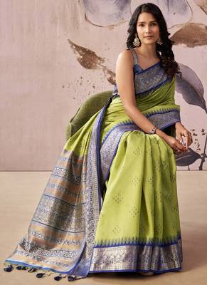 Parrot green tusser silk festival wear saree 3