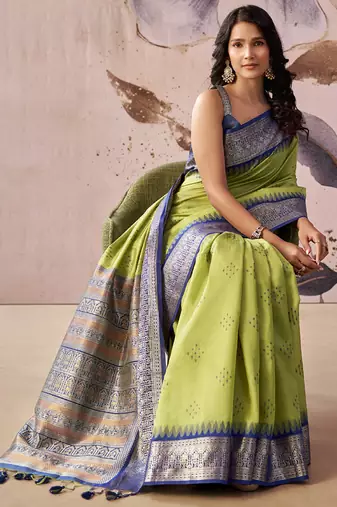 Parrot green tusser silk festival wear saree