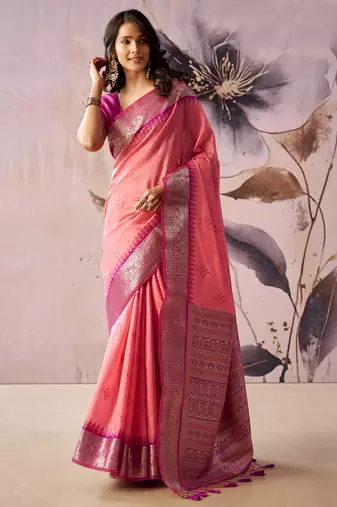 Baby pink tusser silk festival wear saree