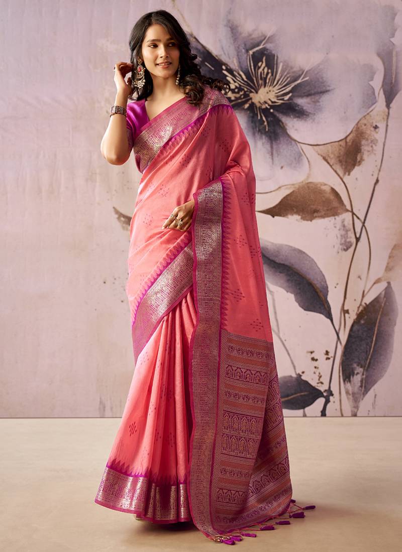 Baby pink tusser silk festival wear saree