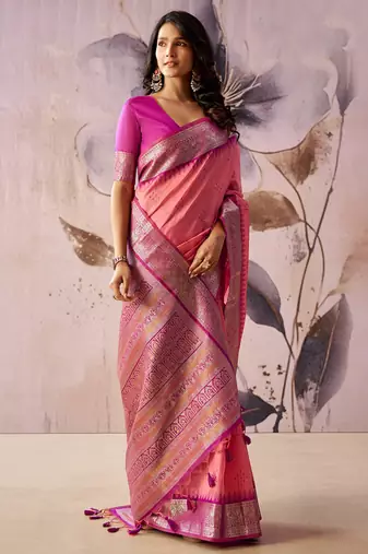 Baby pink tusser silk festival wear saree