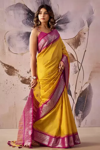 Mustard tusser silk festival wear saree