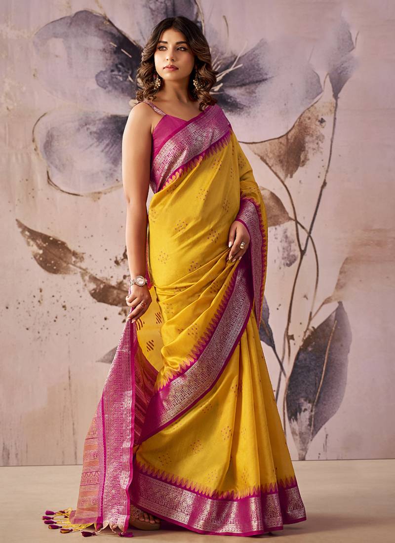 Mustard tusser silk festival wear saree