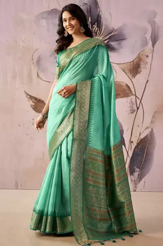 Turquoise  tusser silk festival wear saree