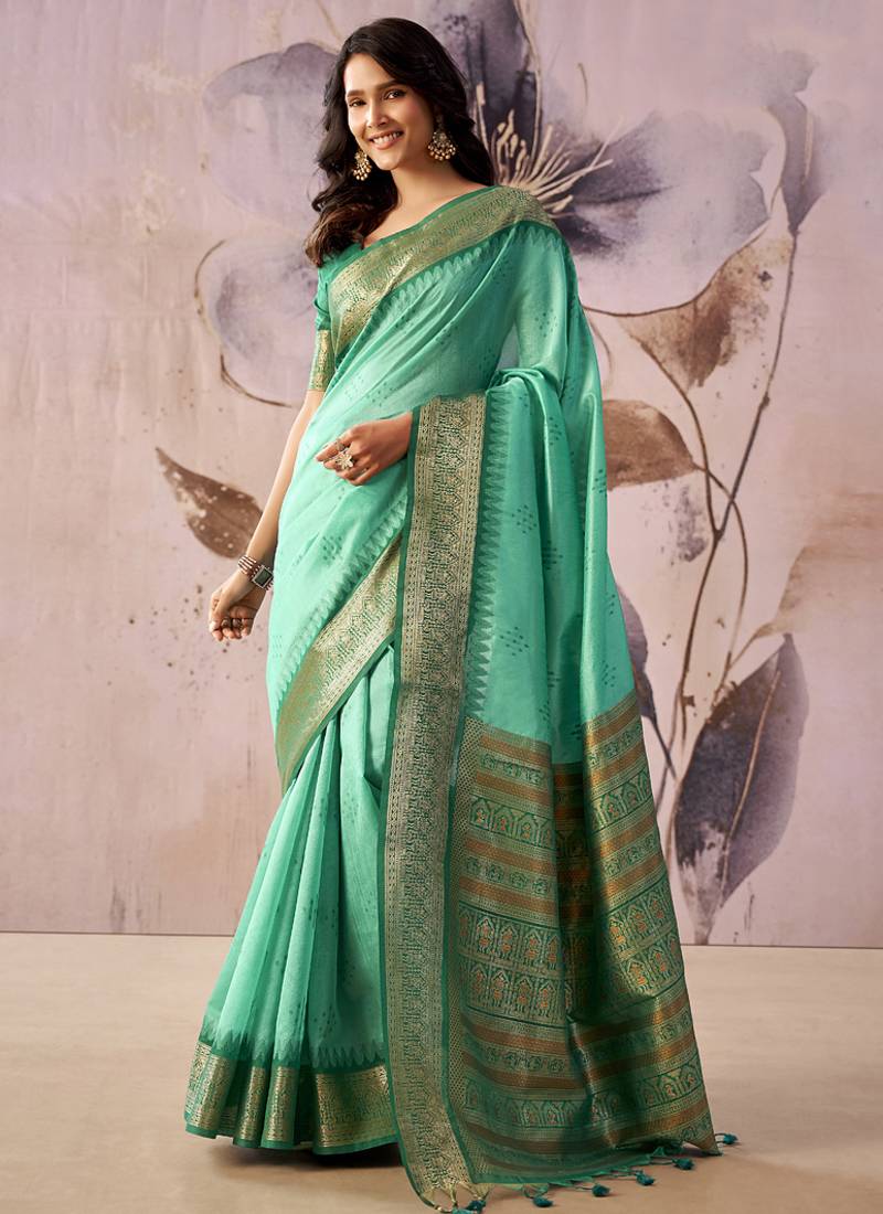 Turquoise  tusser silk festival wear saree