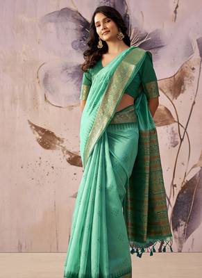 Turquoise  tusser silk festival wear saree 2