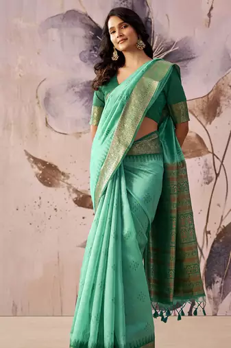 Turquoise  tusser silk festival wear saree