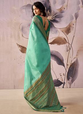 Turquoise  tusser silk festival wear saree 3