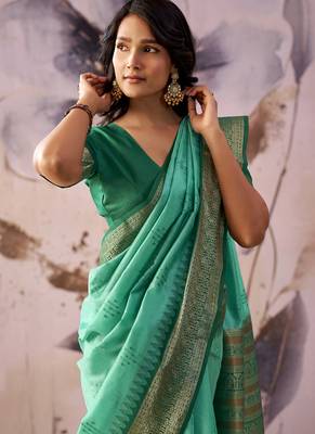 Turquoise  tusser silk festival wear saree 4