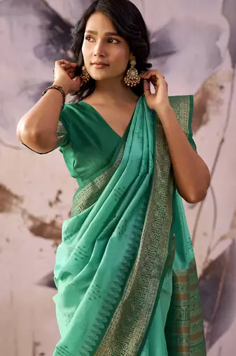 Turquoise  tusser silk festival wear saree