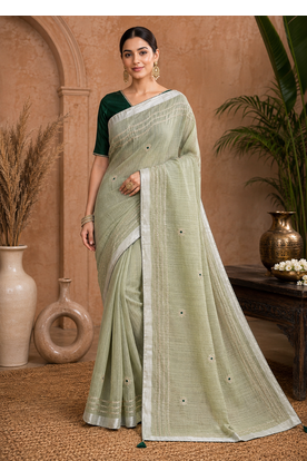 Pista-Green Embroidery Thread And Beats Work Design Fabric Soft Linen Saree With Unstitched Blouse 1