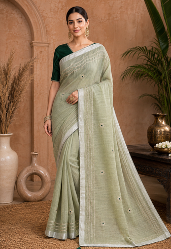 Pista-Green Embroidery Thread And Beats Work Design Fabric Soft Linen Saree With Unstitched Blouse