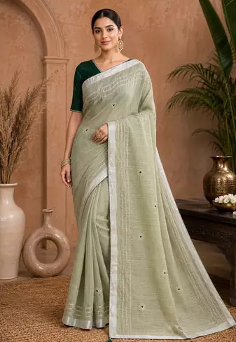 Pista-Green Embroidery Thread And Beats Work Design Fabric Soft Linen Saree With Unstitched Blouse