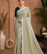 Pista-Green Embroidery Thread And Beats Work Design Fabric Soft Linen Saree With Unstitched Blouse