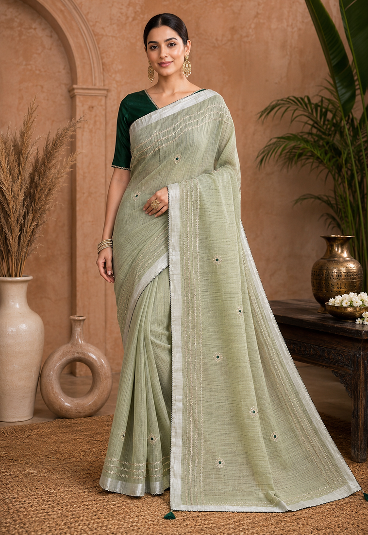 Pista-Green Embroidery Thread And Beats Work Design Fabric Soft Linen Saree With Unstitched Blouse