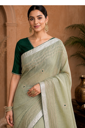 Pista-Green Embroidery Thread And Beats Work Design Fabric Soft Linen Saree With Unstitched Blouse 2